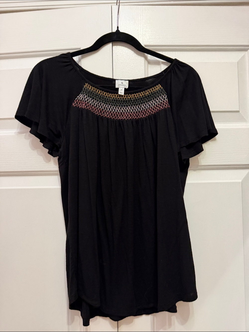 dressbarn Black Flutter Sleeve Top with Multicolor Smocked Yoke Detail